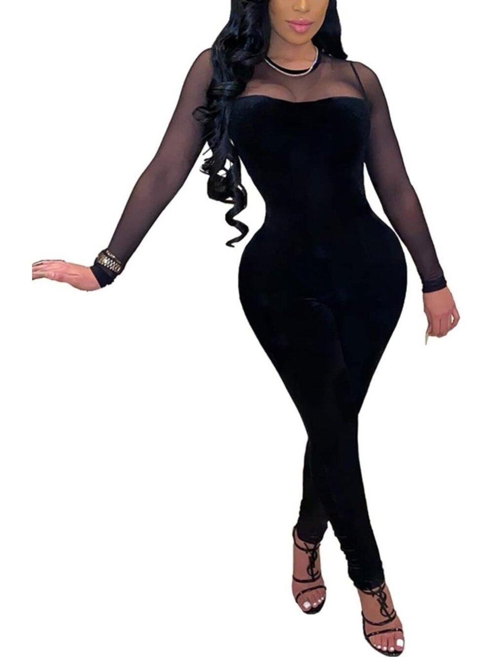 Sexy Long Sleeve Mesh Patchwork Bodycon Velvet Jumpsuit - Clubwear Romper Pants